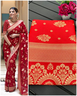 SEASON FAB Self Design, Applique, Blocked Printed, Checkered Banarasi Jacquard, Art Silk Saree(Red)