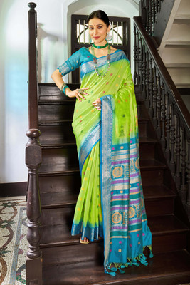 all about you Woven Bollywood Cotton Silk Saree(Green)