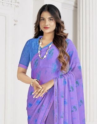 Satrani Floral Print, Printed, Embellished Bollywood Chiffon, Georgette Saree(Purple, Blue)