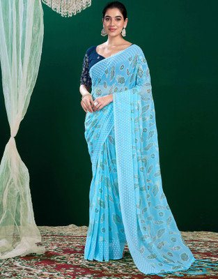 all about you Embellished, Printed Bollywood Georgette Saree(Blue)