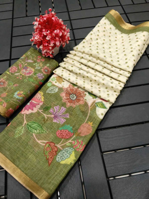 Mervadiya Woven, Floral Print Kanjivaram Pure Cotton, Cotton Linen Saree(Green)