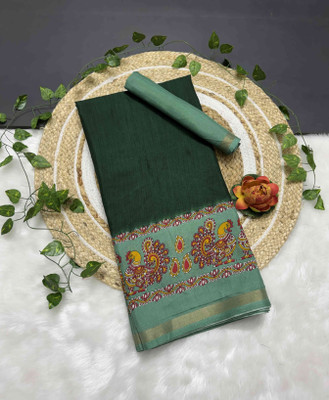 RegalDrapes Printed Kalamkari Cotton Silk Saree(Green)