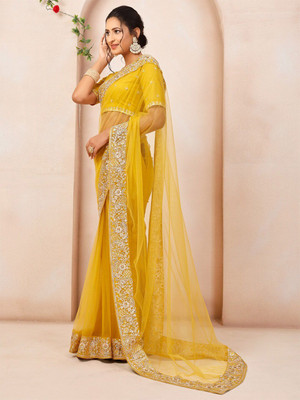 PBITAL Embroidered Bollywood Net Saree(Yellow)