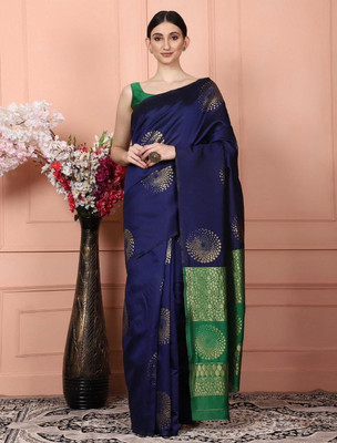 KUMARI FASHION Woven Kanjivaram Silk Blend Saree(Blue)