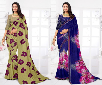 Panchvati NX Paisley, Floral Print Daily Wear Georgette Saree(Pack of 2, Dark Blue, Beige)