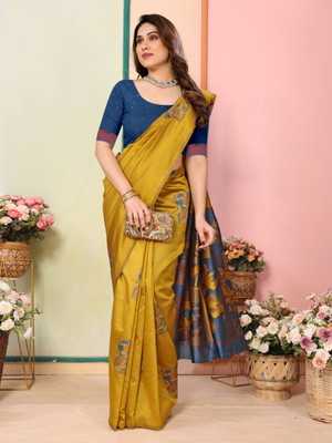 Moda Rapido Digital Print Kanjivaram Jacquard Saree(Mustard)