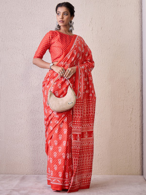 Divastri Printed Bandhani Cotton Blend Saree(Red)