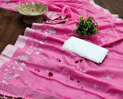 Vleez Embroidered Ikkat Chanderi Saree(Blue)