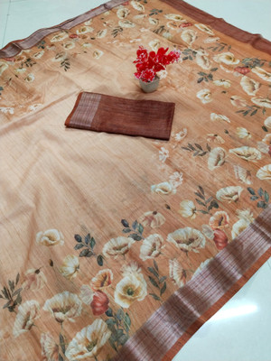 PRTRENDZ Woven Kanjivaram Pure Cotton, Cotton Linen Saree(Brown, Multicolor)