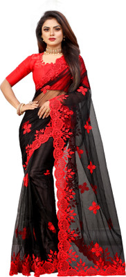 Barkiya Creation Embroidered Bollywood Net Saree(Black, Red)
