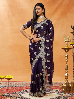 KASEE Embroidered Bollywood Chiffon Saree(Purple)