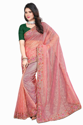 MAHADEV Embroidered Bollywood Supernet Saree(Orange)