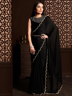 TTH Solid/Plain Bollywood Pure Silk Saree(Black)