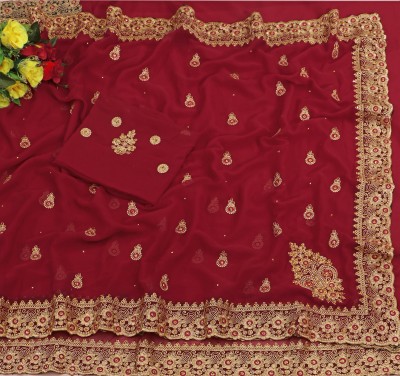 k d fab Embroidered Bollywood Georgette Saree(Maroon)