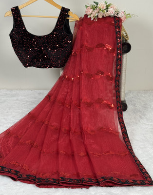 SROLY Embellished Bollywood Net Saree(Maroon)