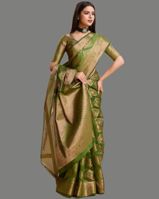 ALPENIKA Woven Ikkat Organza Saree(Dark Green)