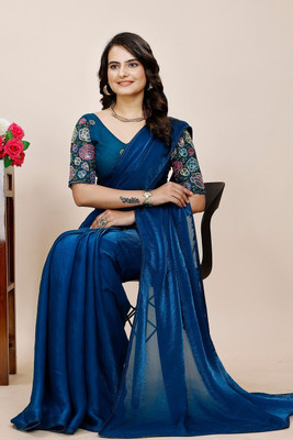 KONICA FAB Solid/Plain Bollywood Chiffon Saree(Dark Blue)