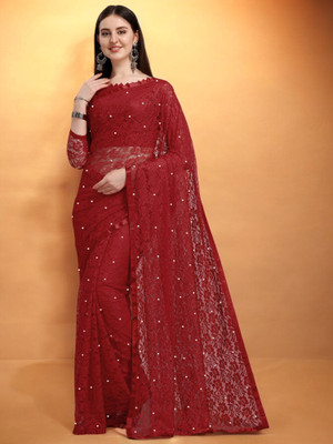 NORAFLEX Embroidered Bollywood Net Saree(Maroon)