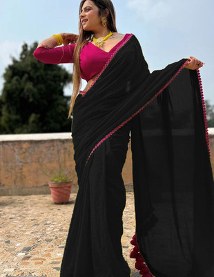Varda Self Design Daily Wear Georgette Saree(Black)