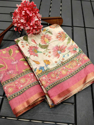 AARAANA Printed Kanjivaram Linen Saree(Cream)