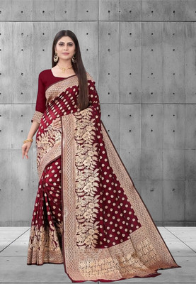 Om Creation Striped Banarasi Polyester Saree(Maroon)