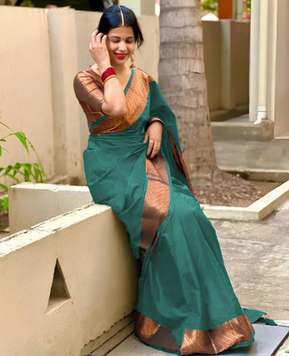 Priyashi Woven Banarasi Cotton Silk, Jacquard Saree(Green)