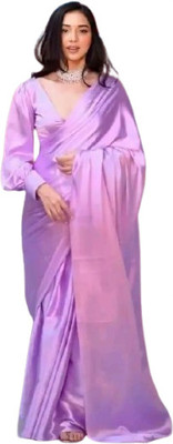 shree sarees Solid/Plain Bollywood Satin, Silk Blend Saree(Purple)