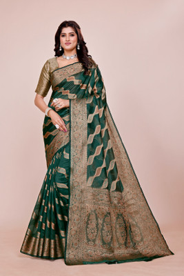 DHAYNAAND REEWA FASHION Woven Kanjivaram Organza Saree(Dark Green)
