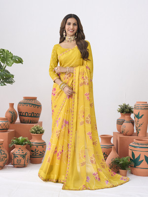 Laxmipati sarees Printed Saree with Attached Blouse Chiffon Saree(Yellow)