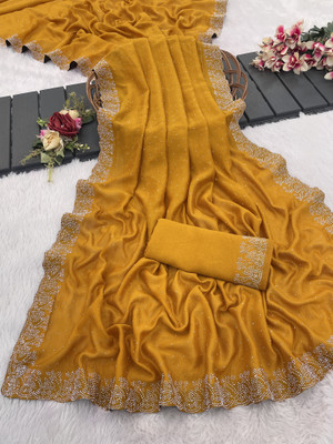 AAINA CREATION Embellished Bollywood Silk Blend Saree(Yellow)