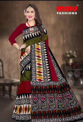 Minu Fashion Printed Hand Batik Pure Cotton Saree(Multicolor)