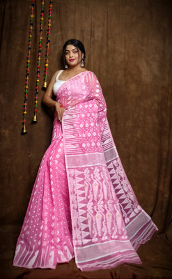 RIDDHIMAN FASHION Self Design Jamdani Cotton Linen Saree(Pink)