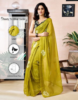 Samah Printed Daily Wear Linen Saree(Green)