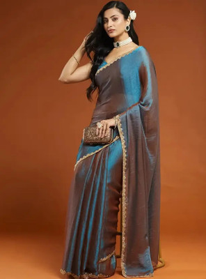 Yozzby Solid/Plain, Temple Border Bollywood Tissue, Pure Silk Saree(Dark Blue)