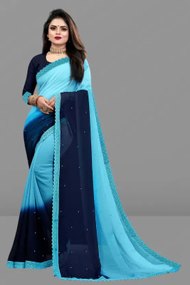 SNIXTY Color Block Bollywood Georgette Saree(Light Blue)