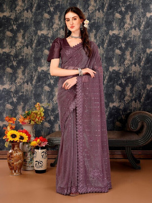 Online Bazaaar Embellished Bollywood Lycra Blend Saree(Purple)