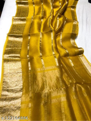 Banaras silk palace Striped Banarasi Organza Saree(Mustard)