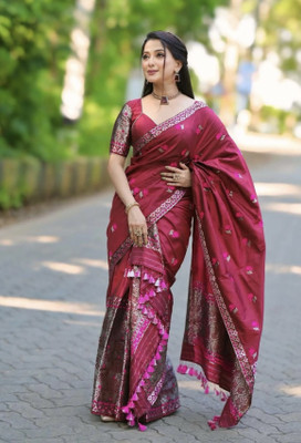 Rudra Enterprise Woven Mekhela Chador Silk Blend Saree(Pink)