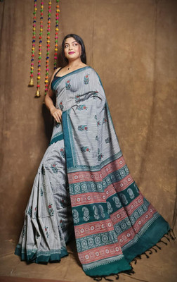 binita Self Design Sambalpuri Cotton Blend Saree(Grey, Green)