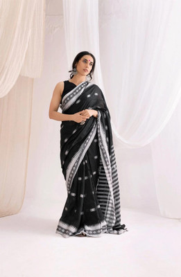 ANAMIKA Store Printed Handloom Cotton Blend Saree(Black)