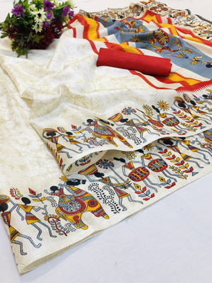 YASHIKA Woven Kalamkari Art Silk Saree(Orange, White)