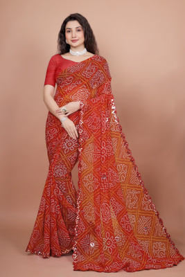 kumawat creation Printed Bandhani Georgette Saree(Red)