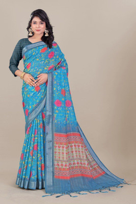 Laxmi Fashion Printed, Floral Print Assam Silk Jacquard, Cotton Silk Saree(Blue, Multicolor)