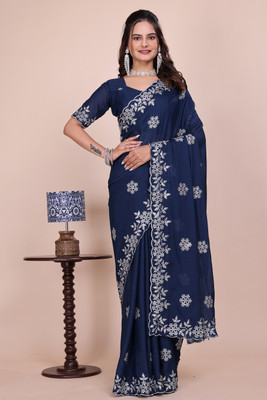 niesha fashion Embroidered Bollywood Chiffon Saree(Dark Blue)