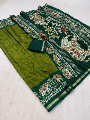 2SD gratitude Printed Kalamkari Cotton Linen, Dupion Silk Saree(Dark Green)