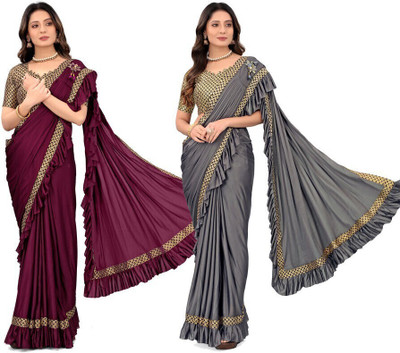 Treshpino Temple Border Bollywood Lycra Blend Saree(Pack of 2, Multicolor)