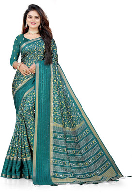 Pemal Printed Bollywood Silk Blend Saree(Dark Blue)