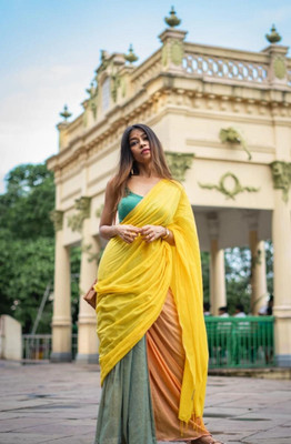 WeaveAura Solid/Plain Handloom Cotton Silk Saree(Yellow)