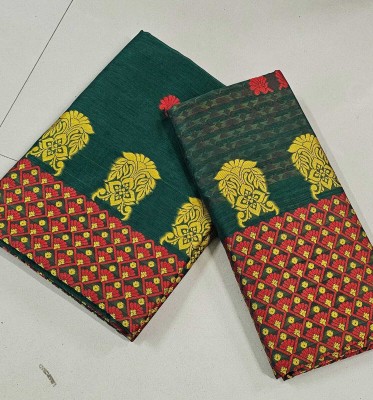 VRAJ CREATION Woven Mekhela Chador Cotton Linen Saree(Dark Green)
