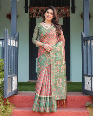 DHAYNAAND REEWA FASHION Digital Print Kalamkari Linen Saree(Pink, Green)
